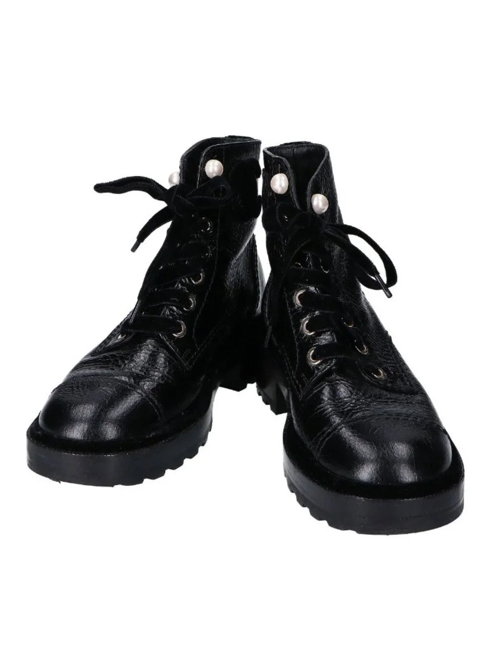Chanel a Black Leather Velour Faux Pearl Button Boots 36c
